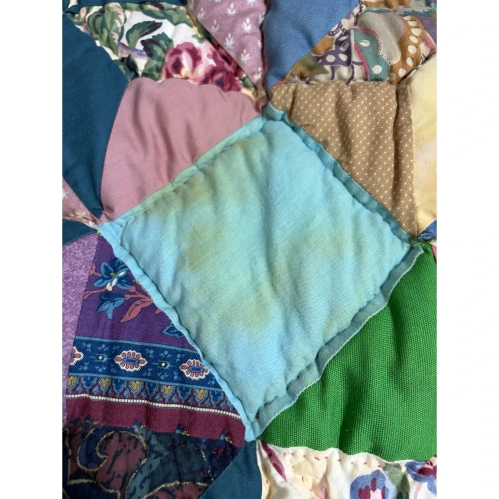 Vintage Handmade Patchwork Puffy Star Faded, Color Flaws, Twin Quilt 74